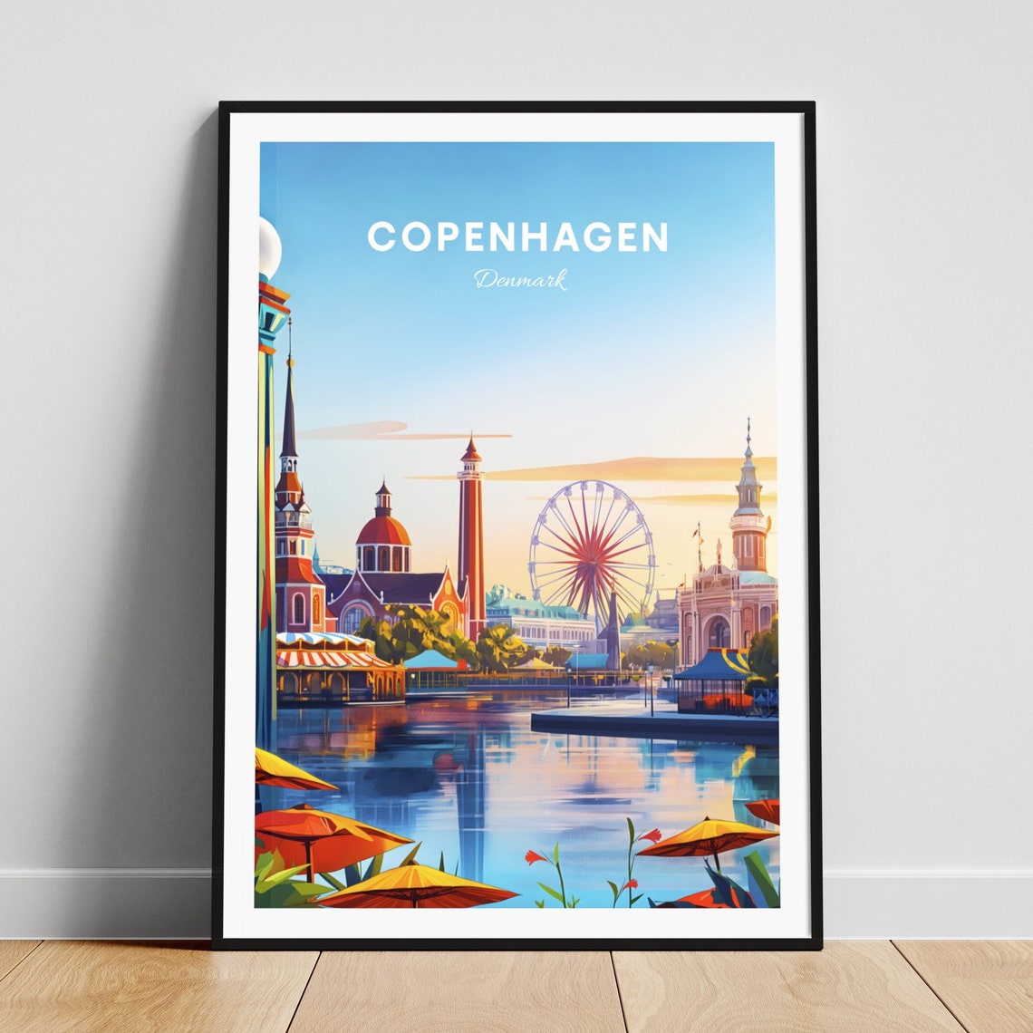 Copenhagen Denmark Tivoli Sunset Ferris Wheel Water Travel Poster