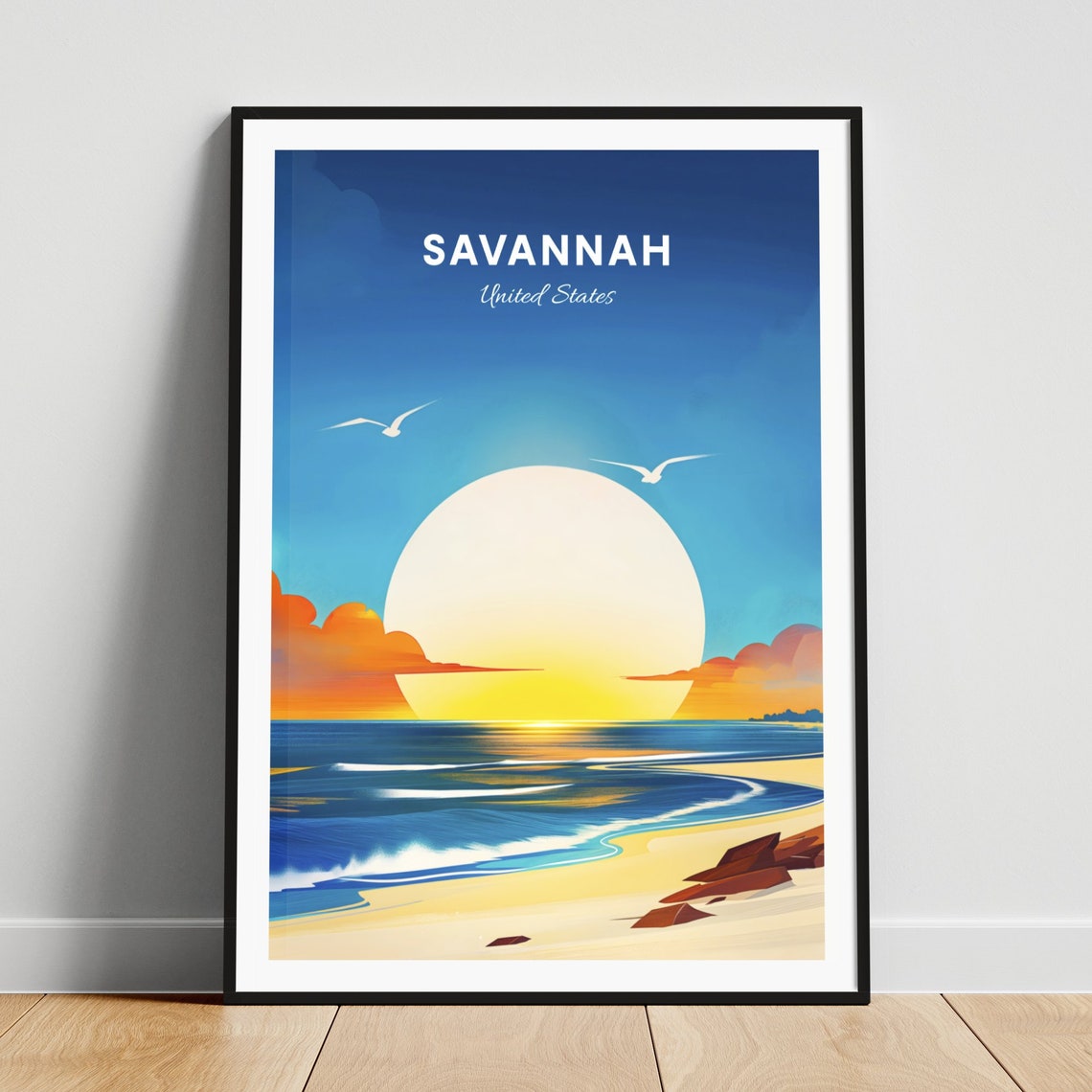 Savannah Coastal Beach Sunset Seagulls Vintage Travel Poster