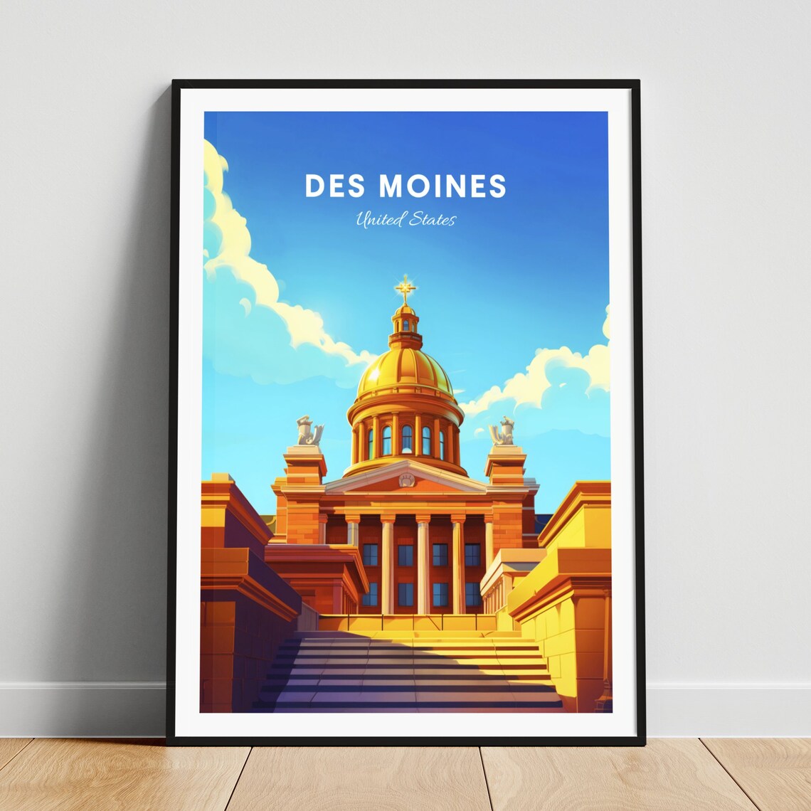 Des Moines Iowa State Capitol Golden Dome Steps Travel Poster
