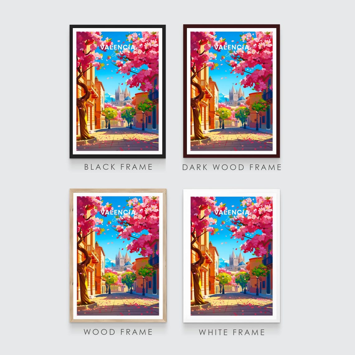 Valencia Spring Blossom Street Pink Flowers Cathedral Travel Poster - Image 3