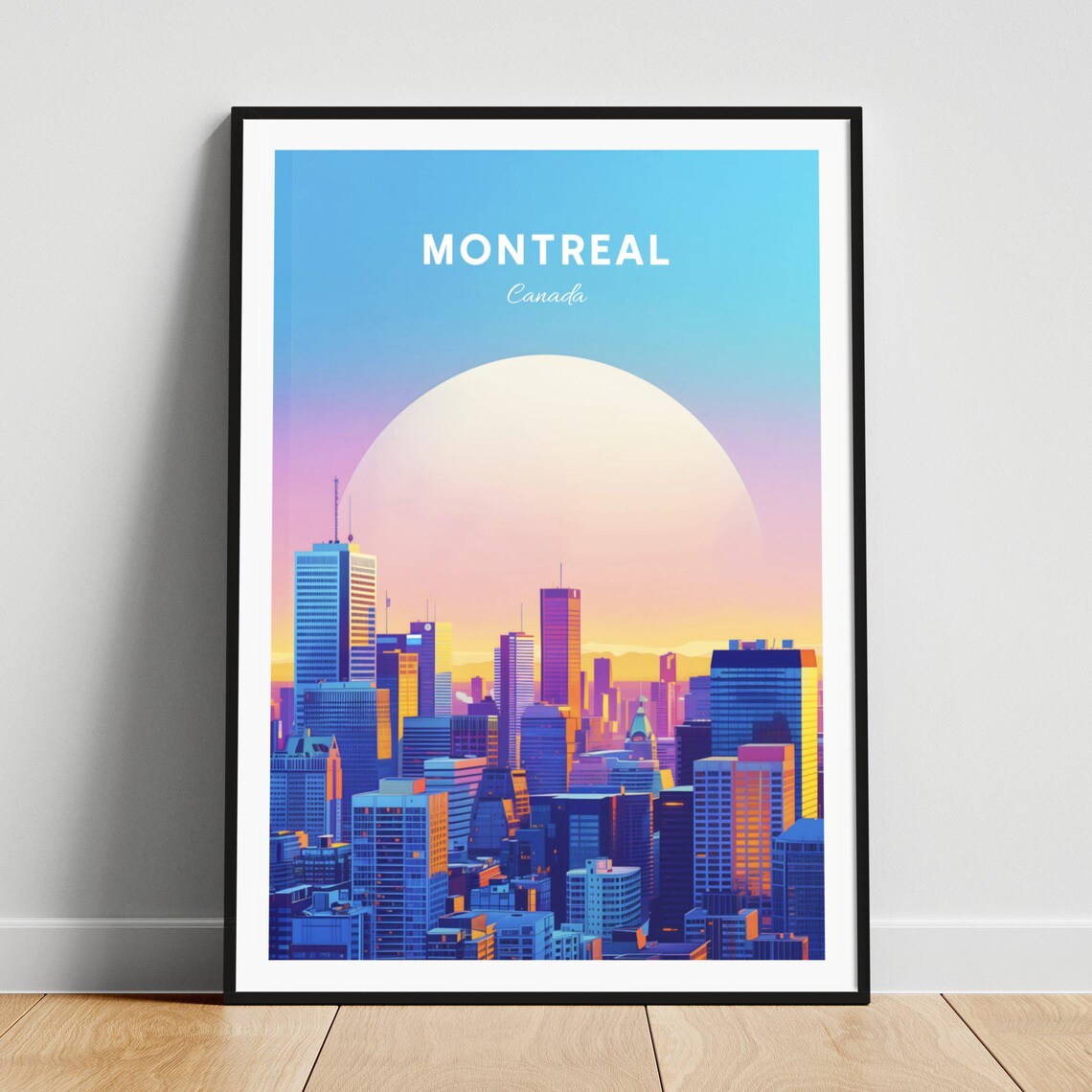 Montreal Canada City Skyline at Sunset with Giant Sun Poster