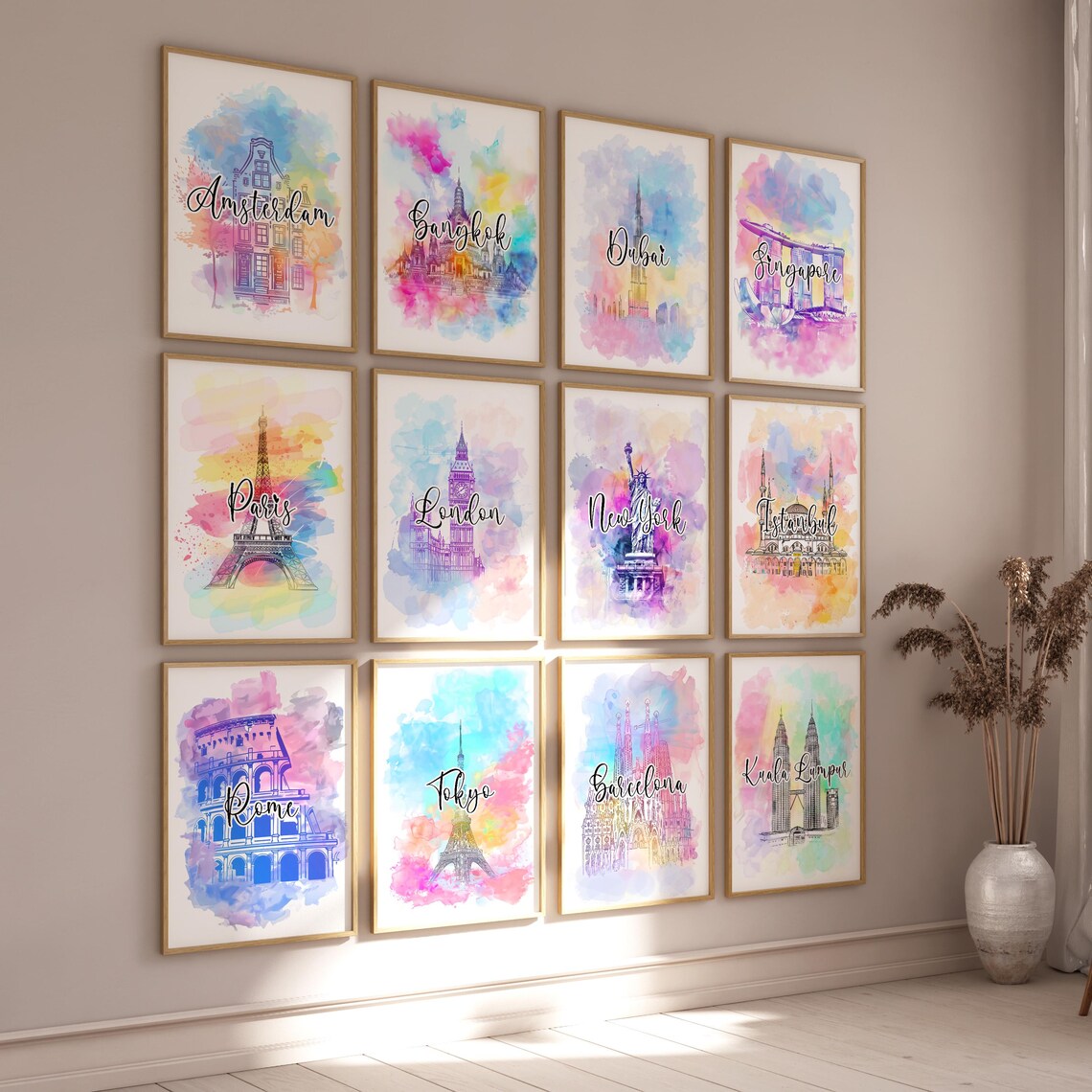 Twelve World Cities Watercolor Travel Art Gallery Wall Poster