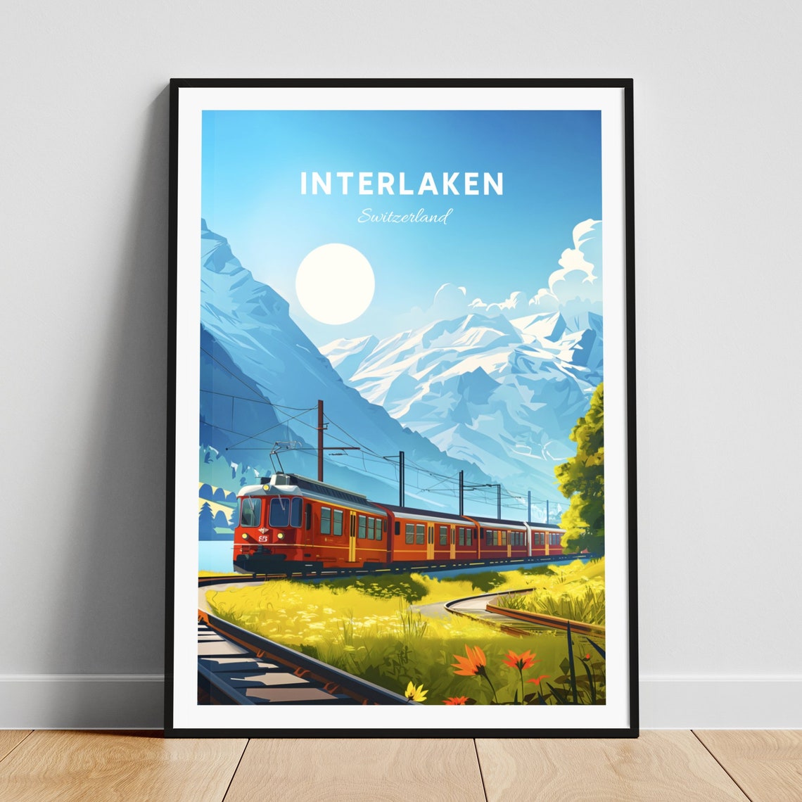Interlaken Switzerland Red Alpine Train Mountain Travel Poster