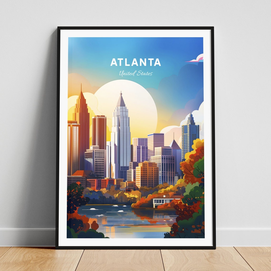 Atlanta Georgia Skyline Lake Autumn Trees Sunset View Poster