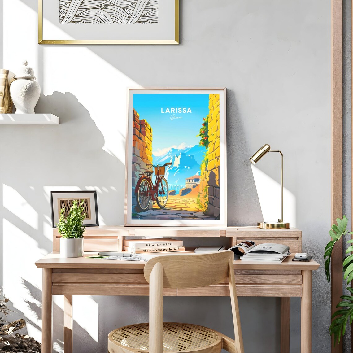 Larissa Greece Stone Archway Bicycle and Mountain Town Travel Poster - Image 4
