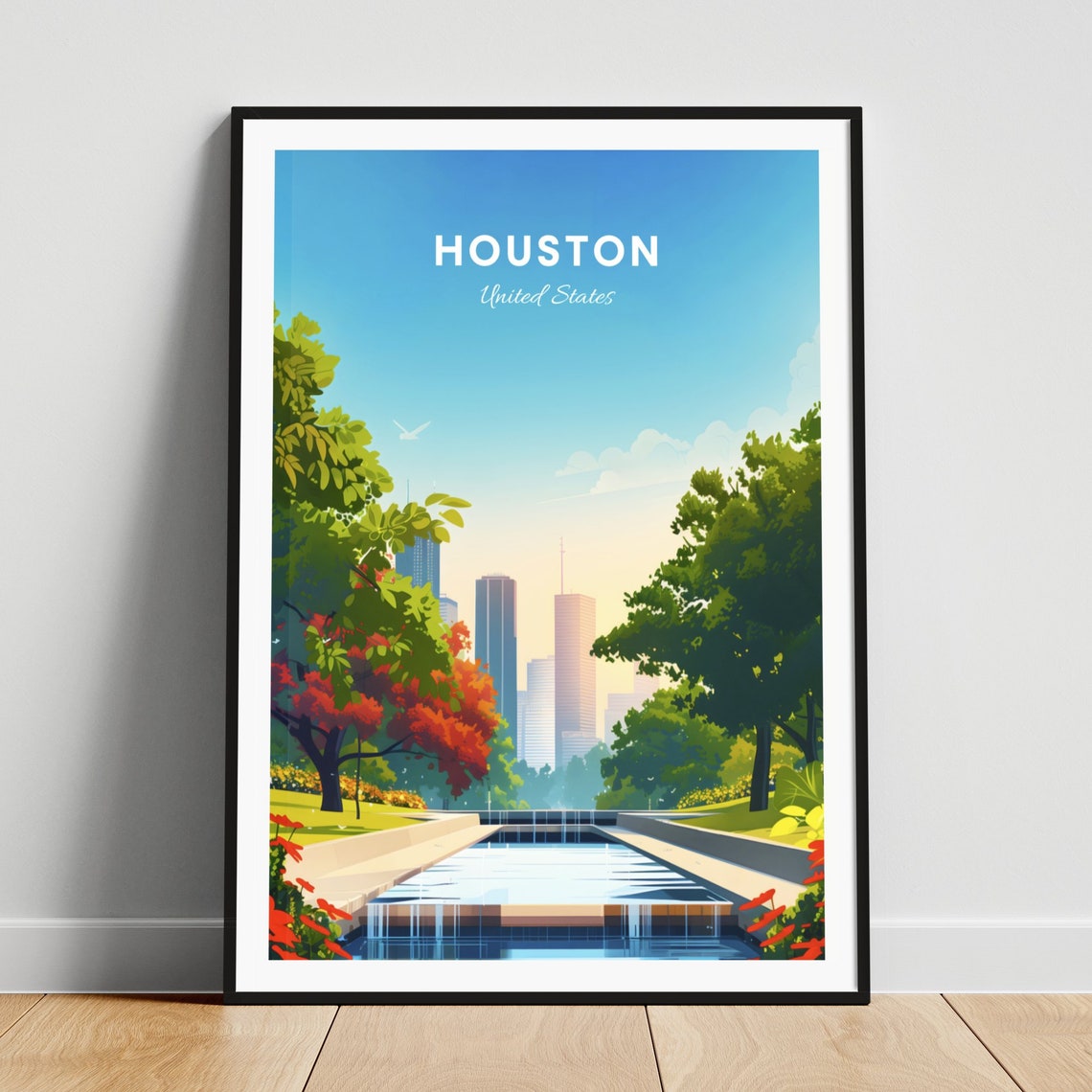 Houston Park Waterfall Garden with Downtown Skyline View Poster