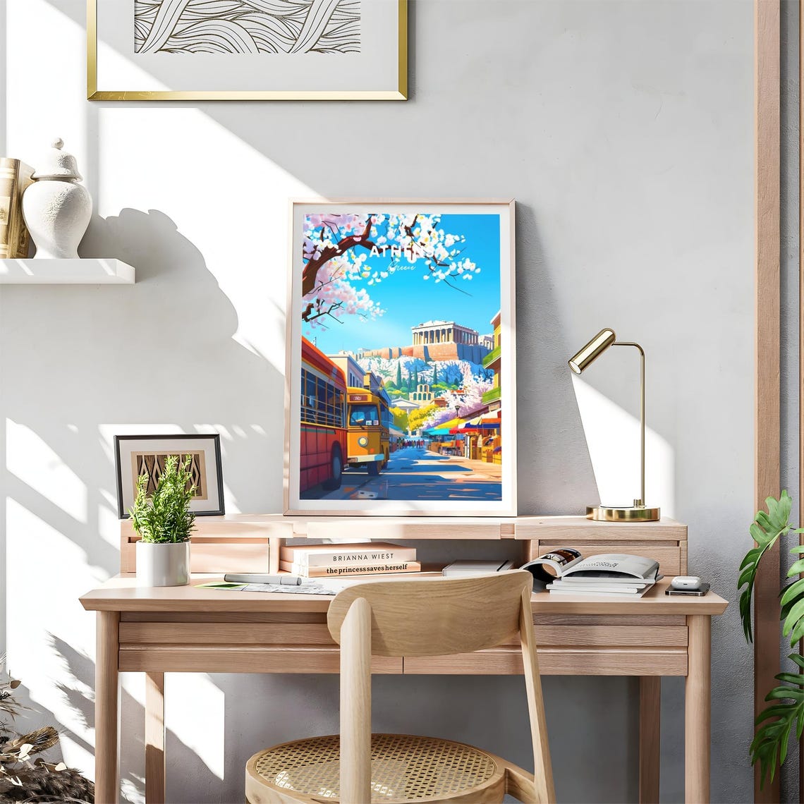 Athens Greece Acropolis Bus Street Blossom Day View Art Poster - Image 4