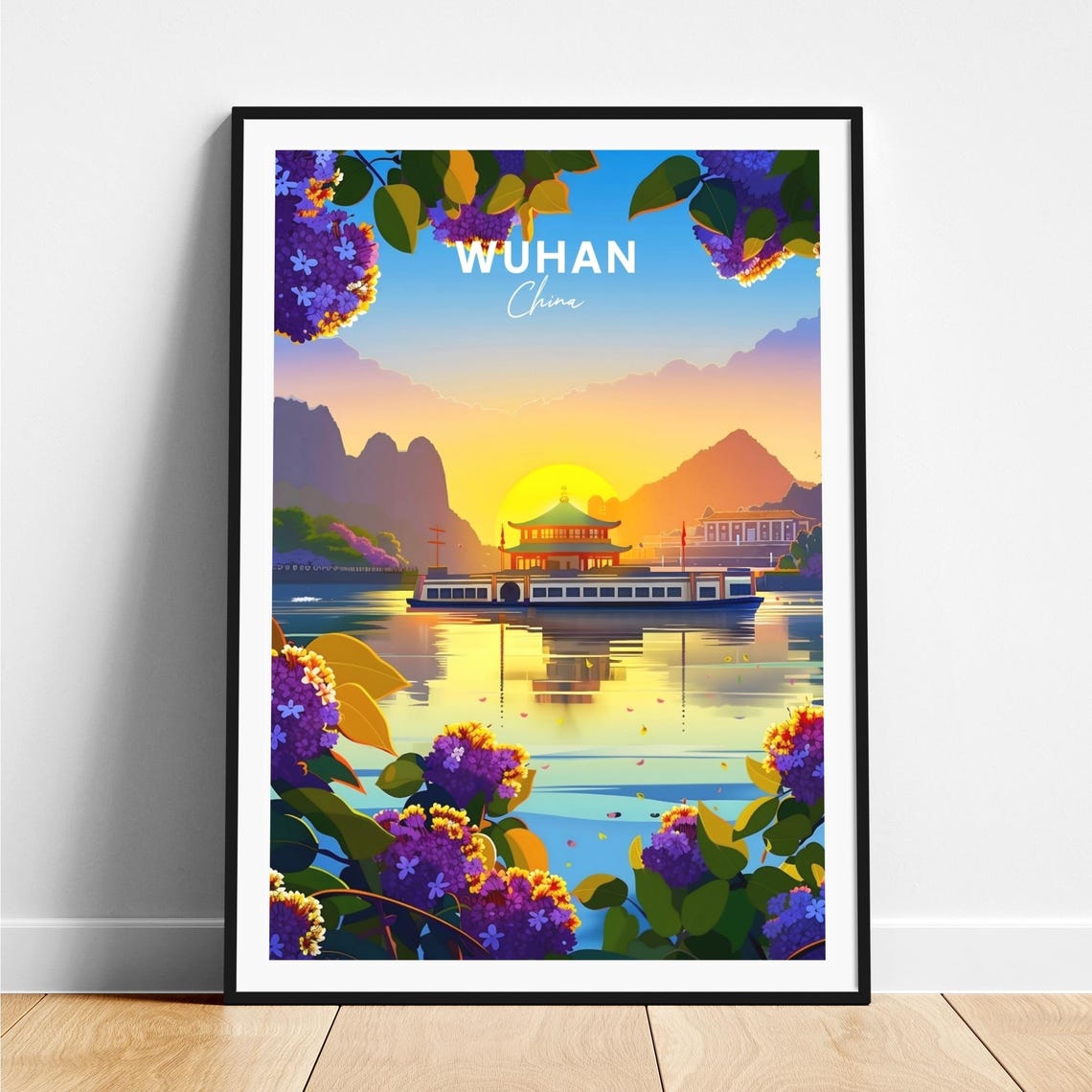 Wuhan China Sunset Riverboat Pavilion Golden Water View Poster