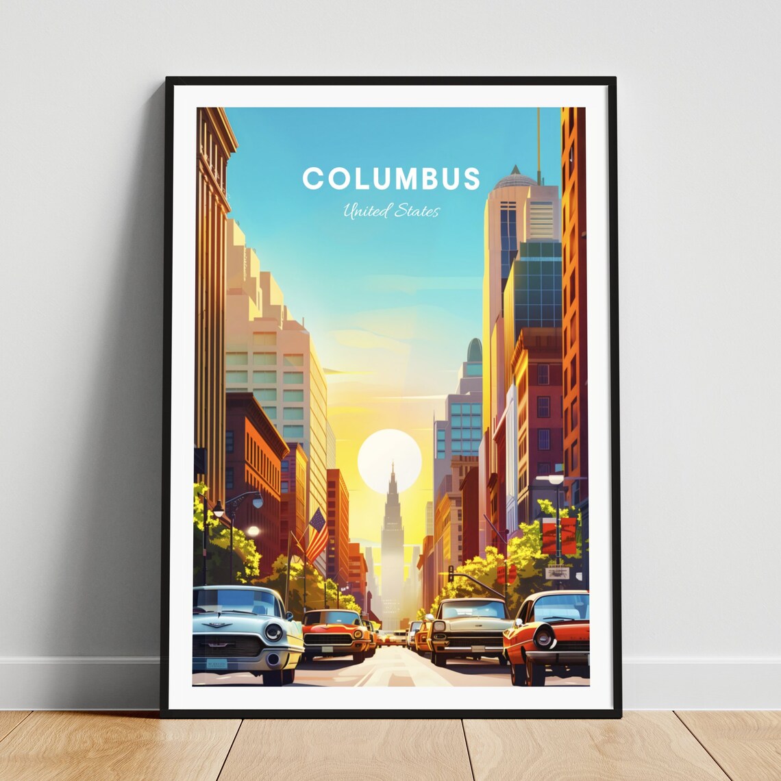 Columbus Downtown Sunset Street Skyscrapers Vintage Travel Poster