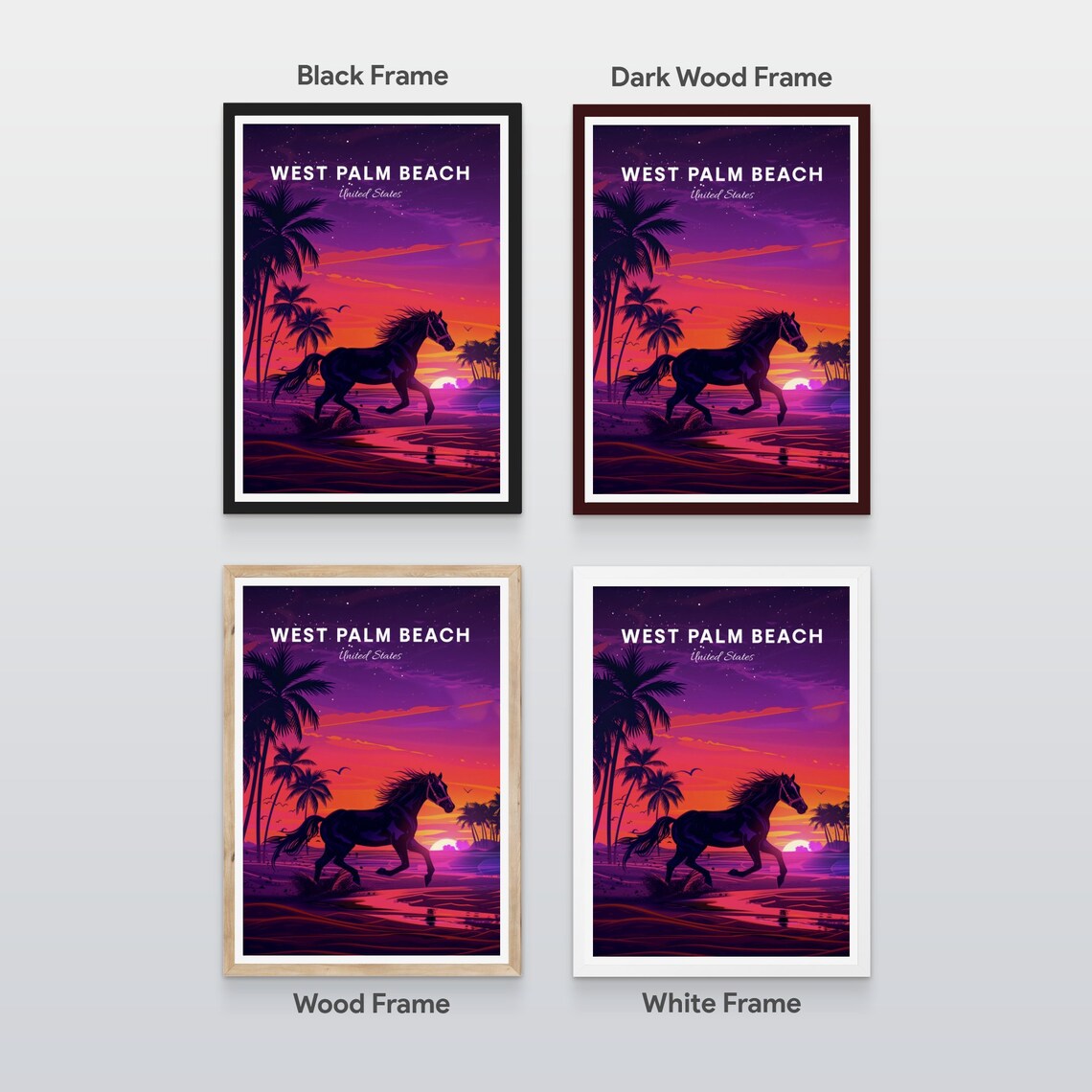 West Palm Beach Florida Night Beach Horse Sunset Run Travel Poster - Image 2