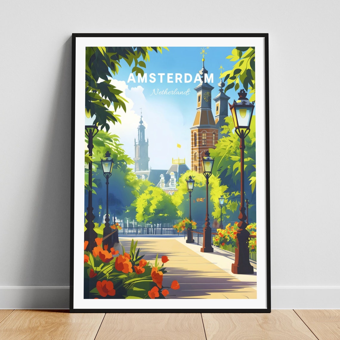 Amsterdam Netherlands Tree Lined Boulevard Tulips Art Poster