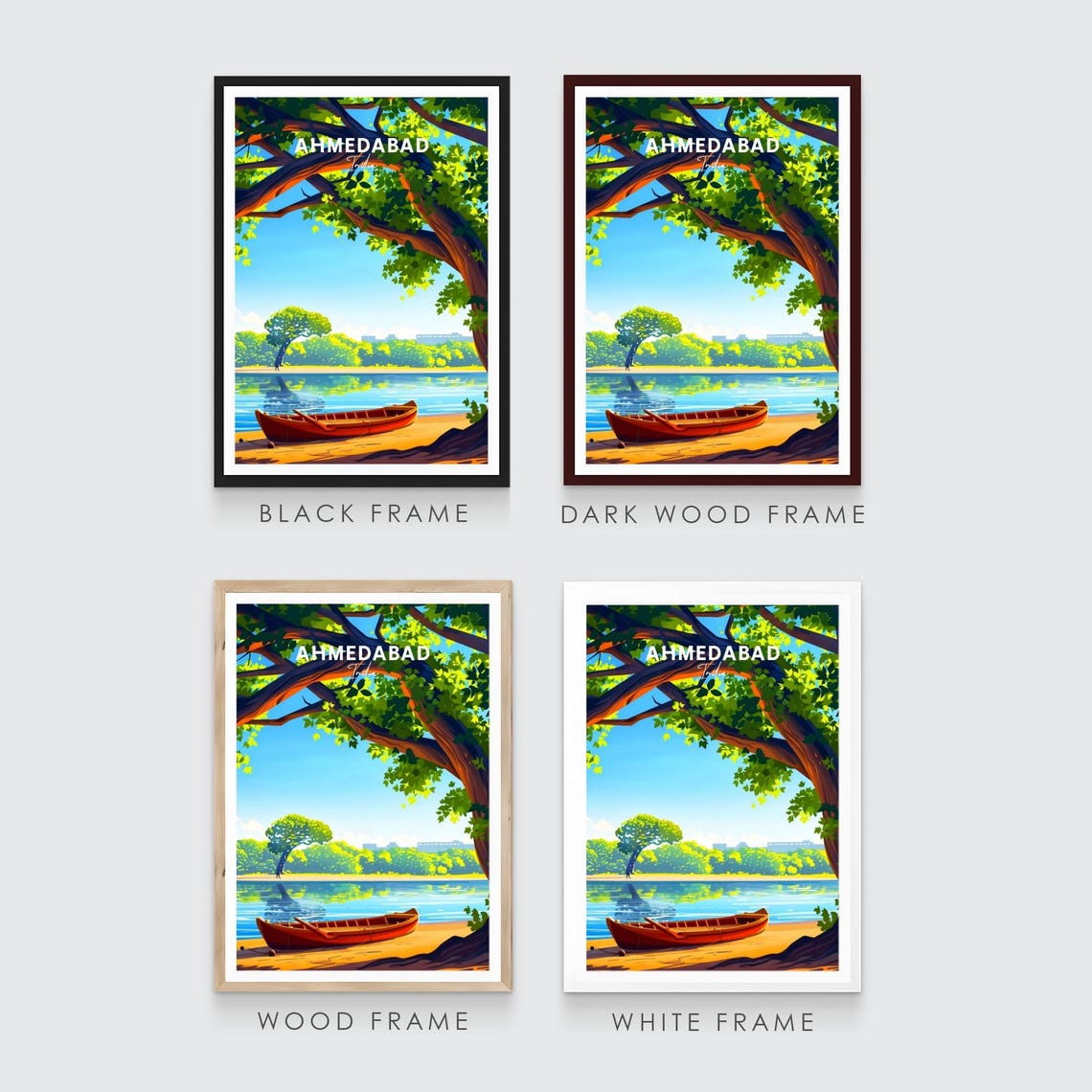 Sunny Ahmedabad India Riverside Banyan Tree and Red Boat Poster - Image 3