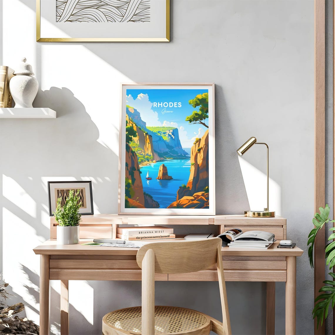 Rhodes Greece Sailboat in Dramatic Cliff Cove with Sea Stack Poster - Image 4