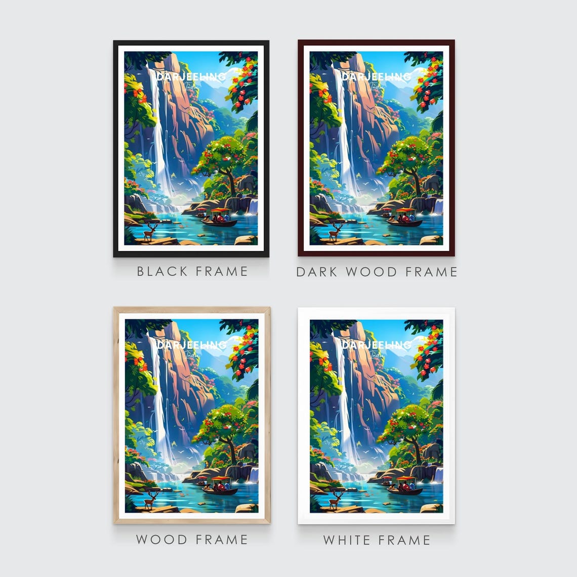 Darjeeling Waterfall Lush Cliffs Boats Deer India Travel Poster - Image 3