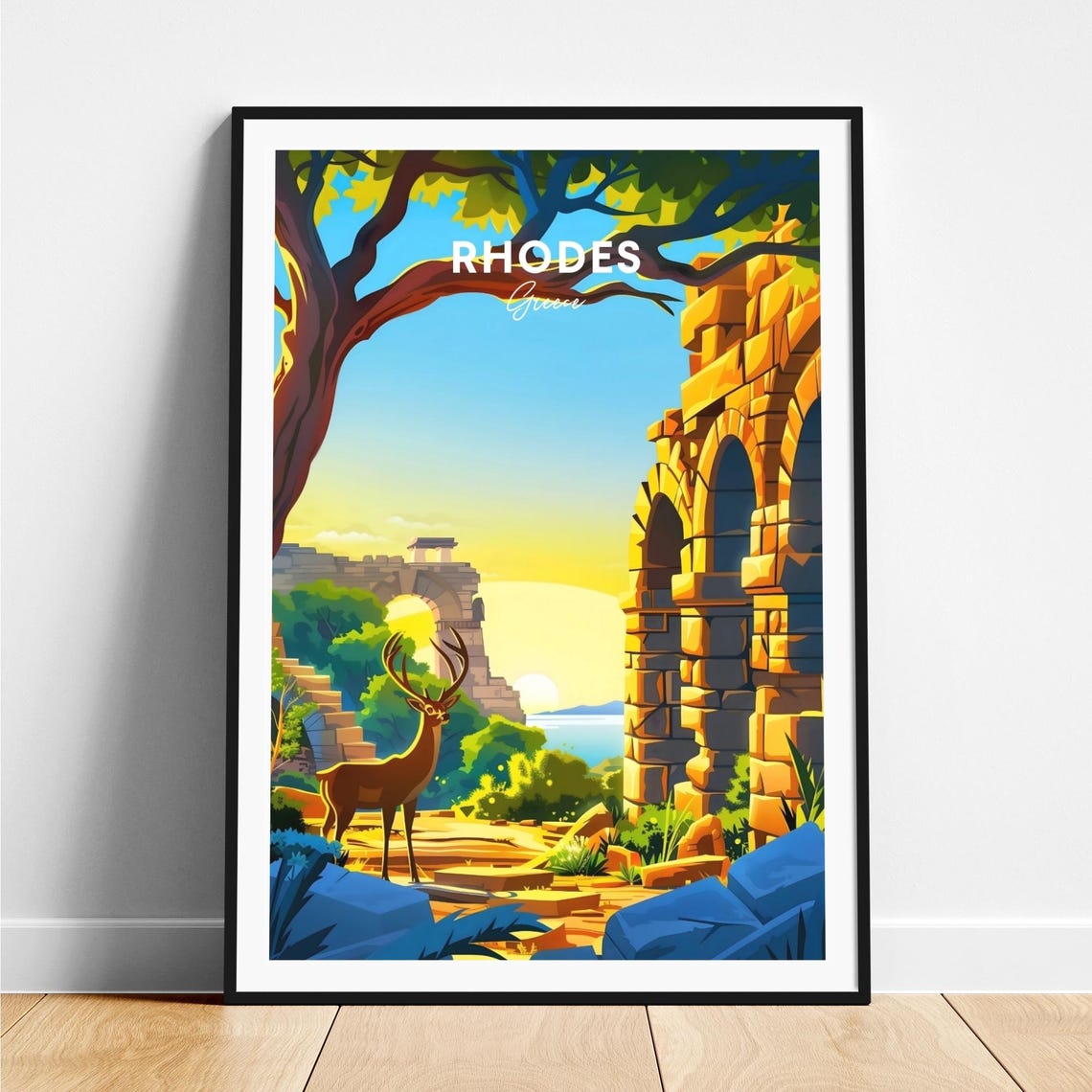Rhodes Greece Deer Ancient Ruins Sunset Sea View Arches Travel Poster