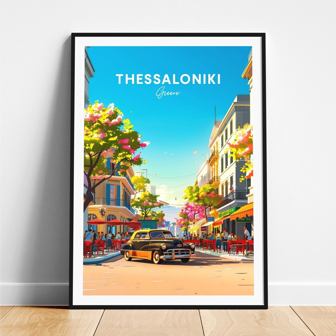 Thessaloniki Greece Vintage Car Cafe Street Summer View Art Poster