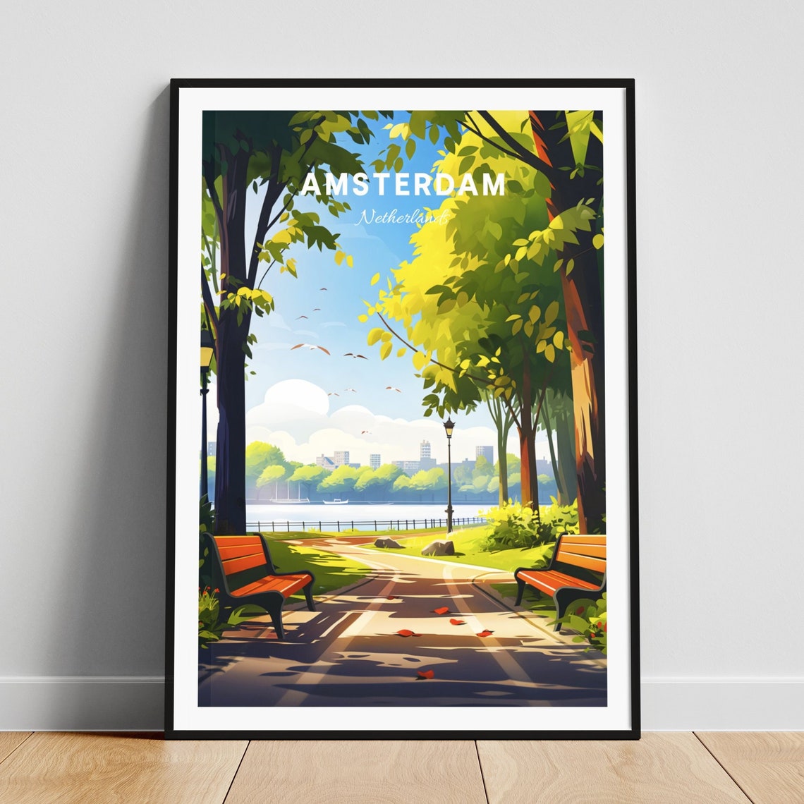 Amsterdam Netherlands Park Path Benches Pond Relaxing Poster