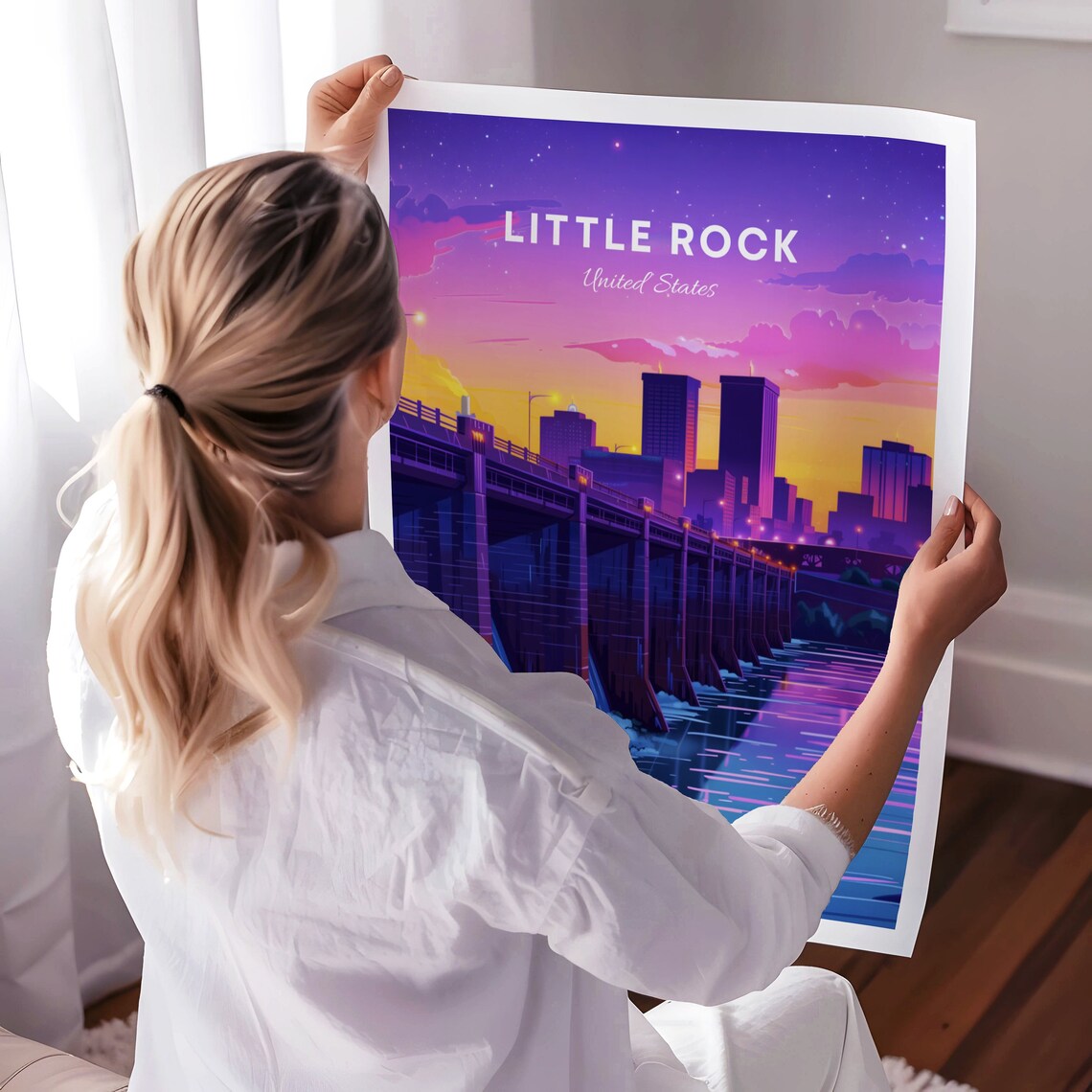 Little Rock Dam Bridge with Waterfalls at Dusk Travel Poster - Image 3