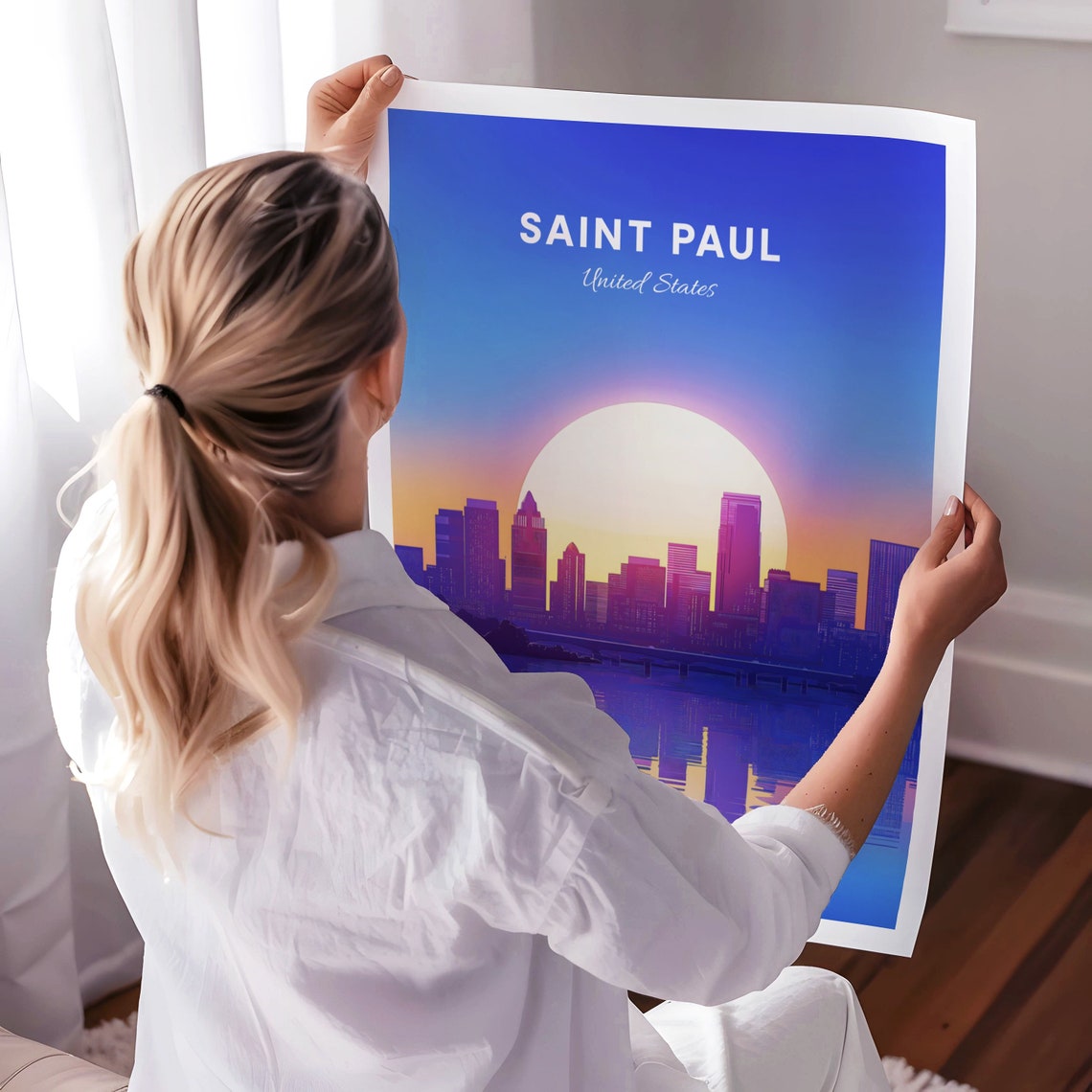 Saint Paul City Skyline Sunrise Big Sun Reflection View Poster - Image 3
