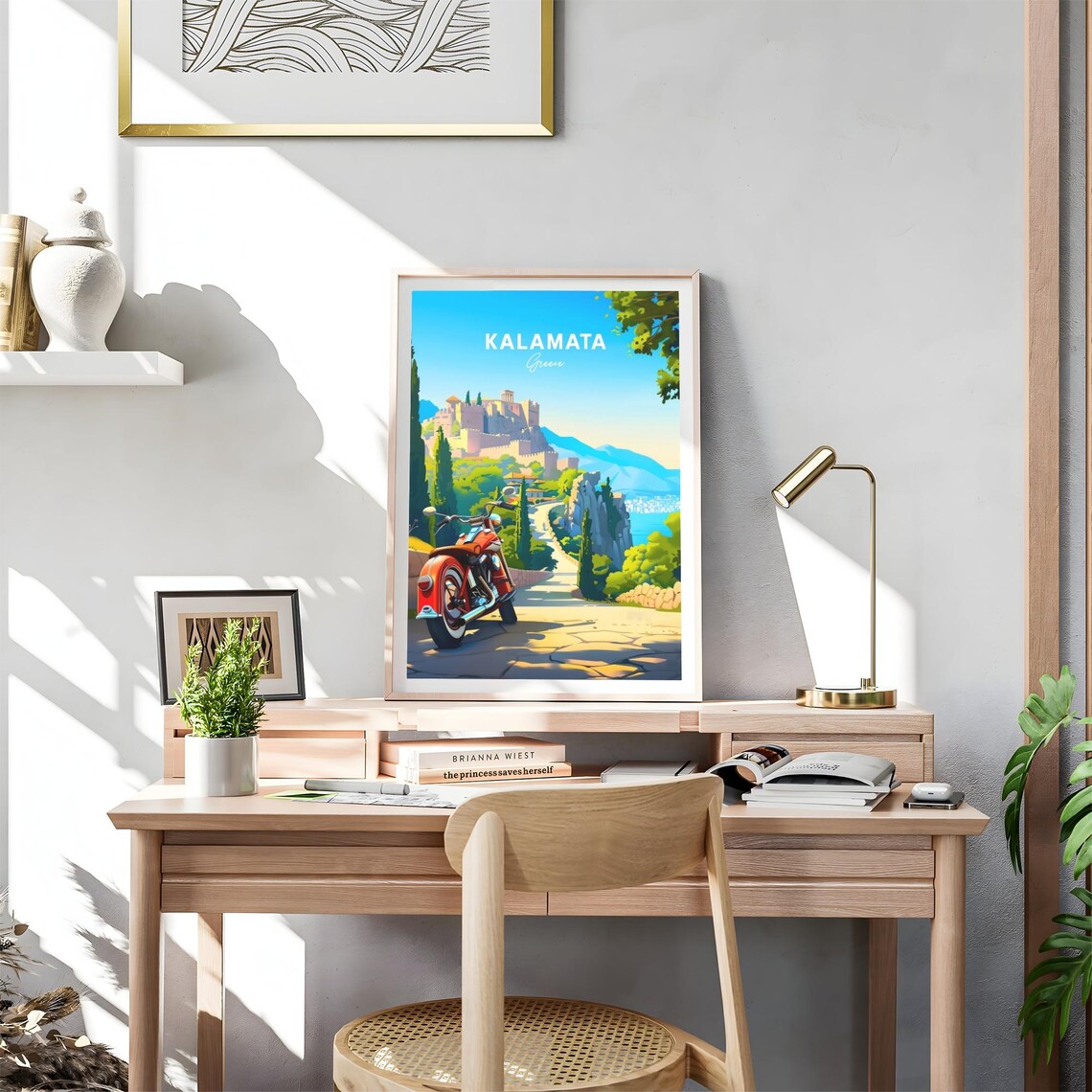 Kalamata Greece Red Motorcycle Castle Hill Road Coast Travel Poster - Image 4