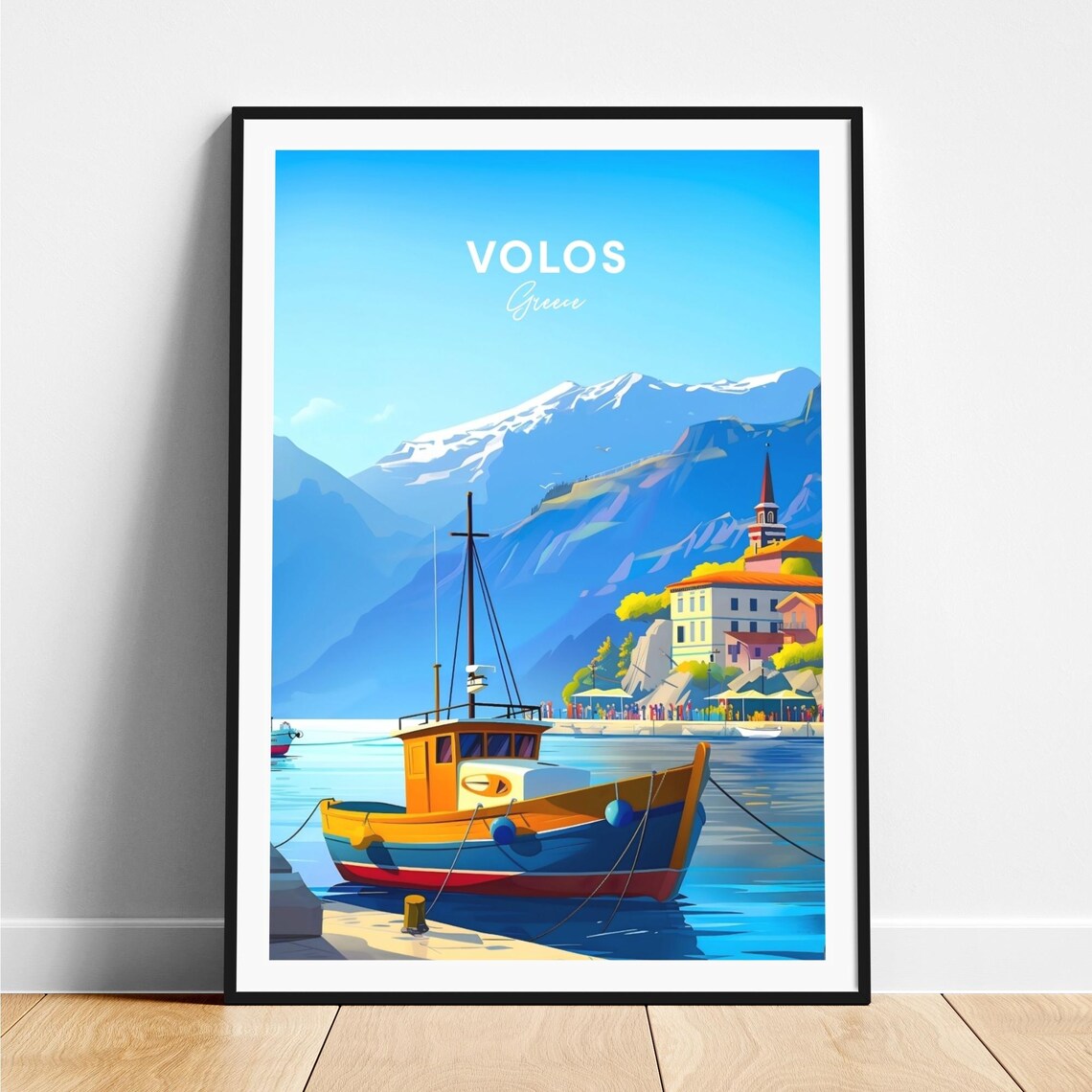 Volos Greece Fishing Boat Harbor Snow Mountains Travel Poster
