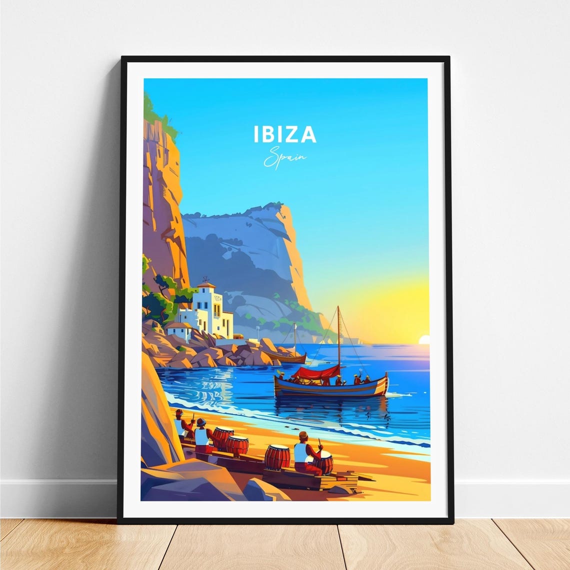 Ibiza Sunset Beach Cove Cliffs Boats Drummers Golden Travel Poster