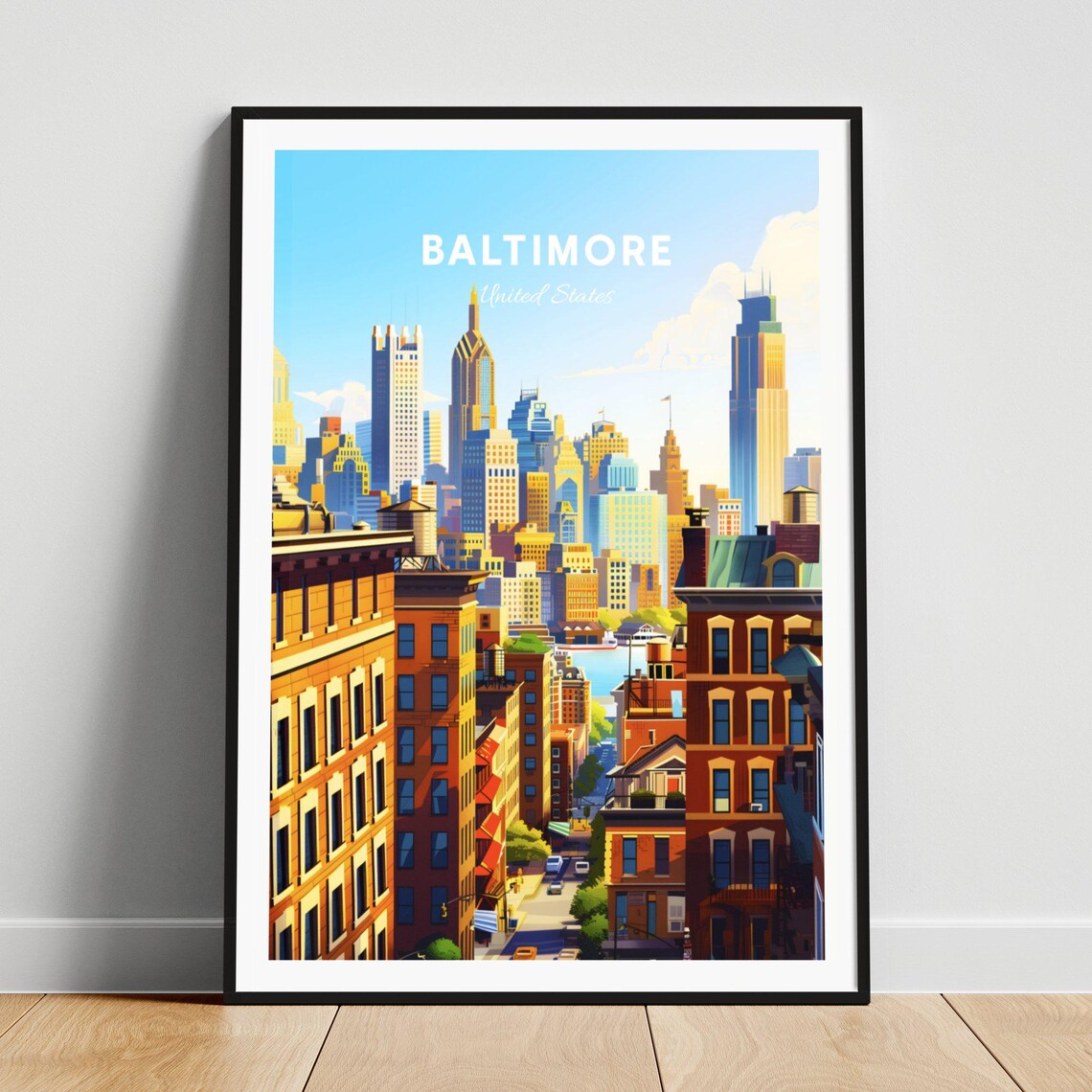 Baltimore Sunlit Brick Street and Golden City Skyline Travel Poster