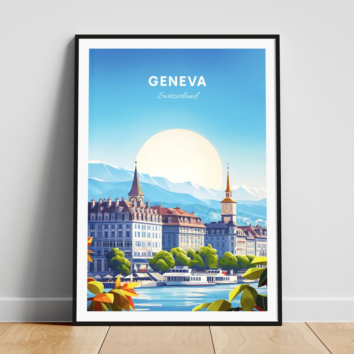 Geneva Switzerland Waterfront Old Town Church Towers Mountain Poster