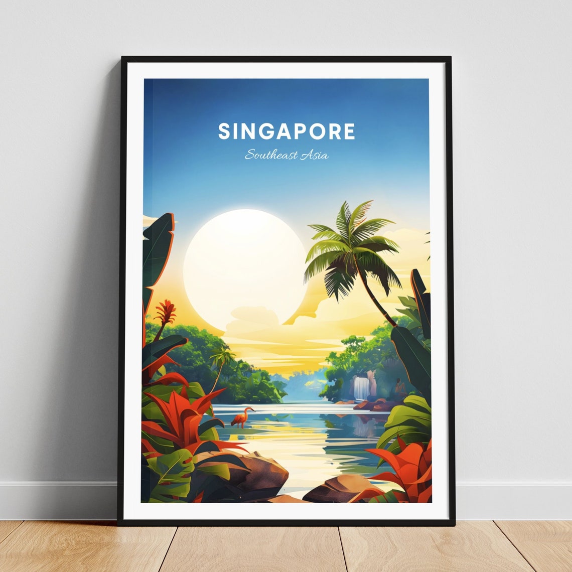 Singapore Tropical River Waterfall Palm Trees Sunset Travel Poster