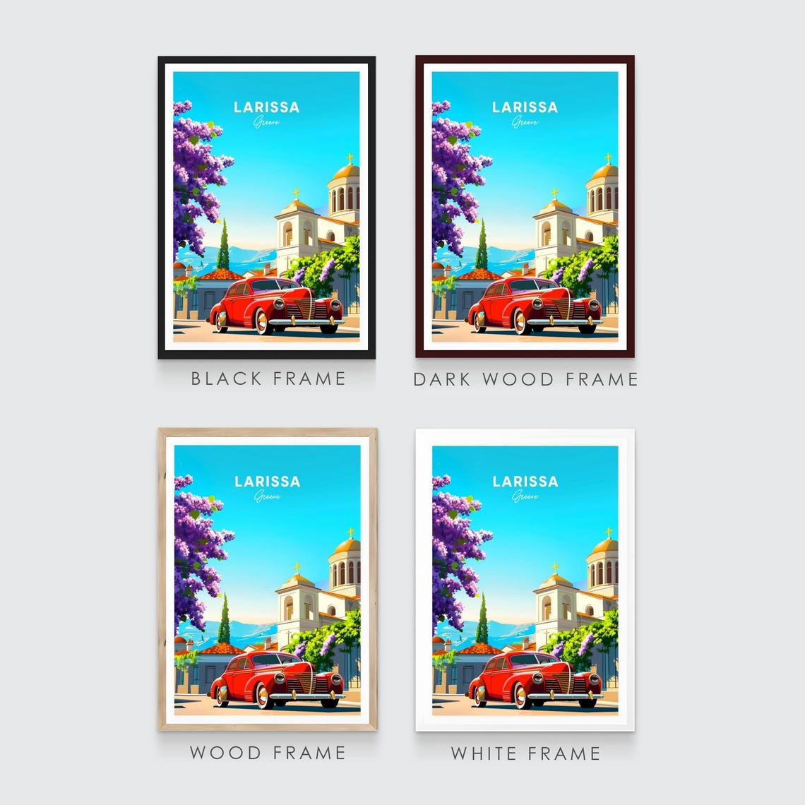 Larissa Greece Red Vintage Car by Church with Jacaranda Trees Poster - Image 3