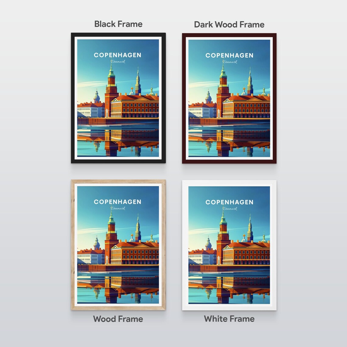 Copenhagen Denmark Waterfront Towers Water Reflection Travel Poster - Image 2