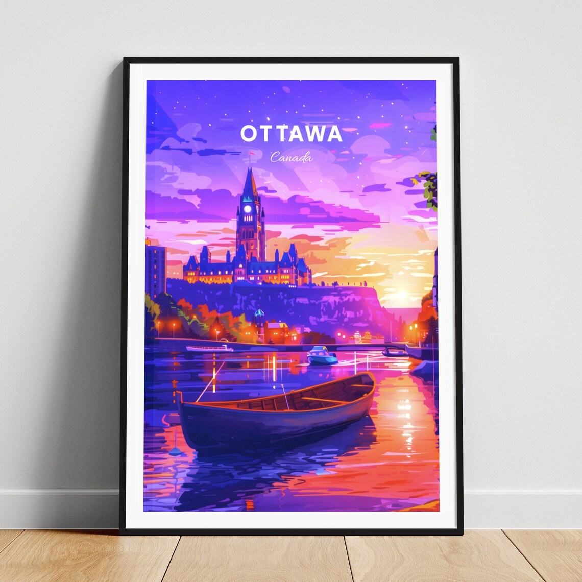 Ottawa Canada Parliament Hill Sunset Purple Sky Boat Travel Poster