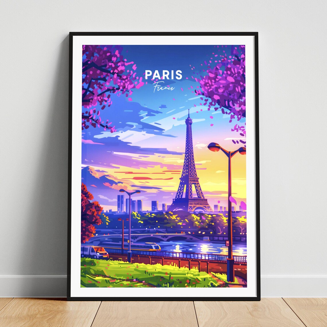 Paris France Eiffel Tower Sunset Cherry Blossom River Travel Poster
