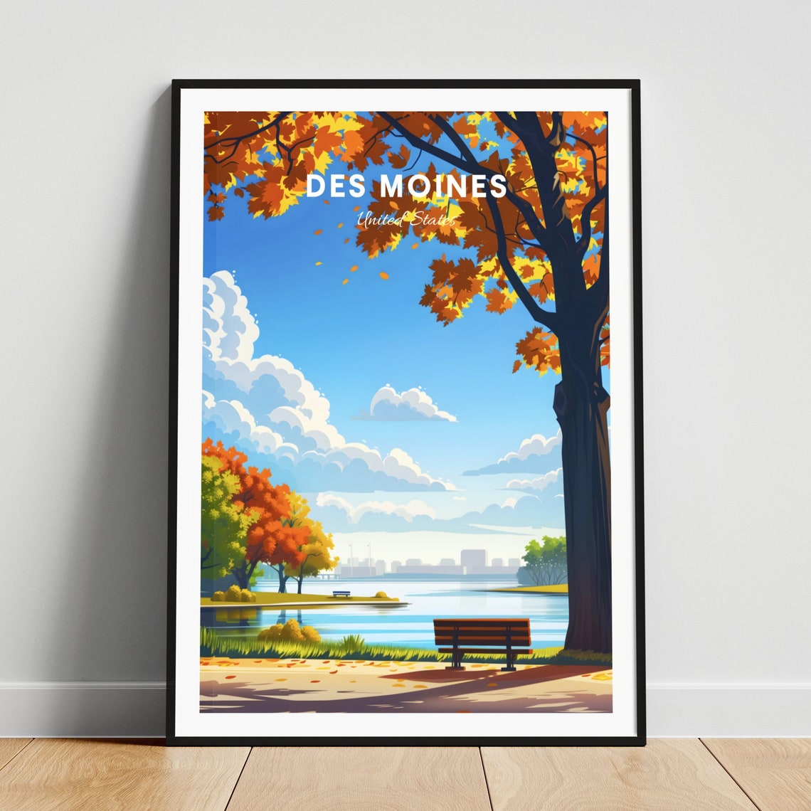 Des Moines Lakeside Park Autumn Foliage Bench View Travel Poster