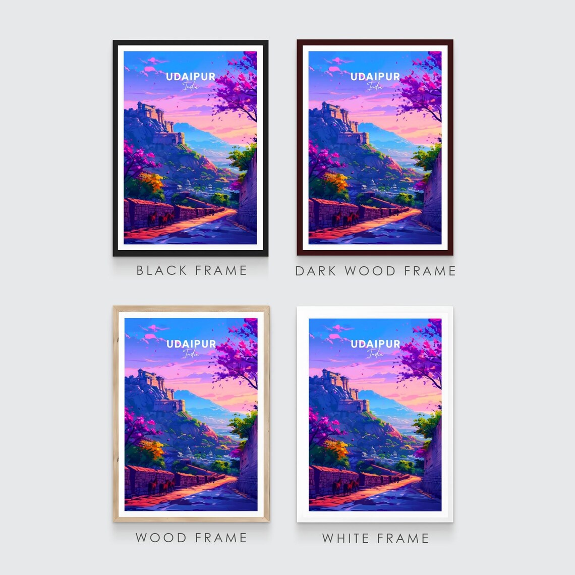 Udaipur India Hill Fort Sunset Pink Sky Horses Travel Poster - Image 3