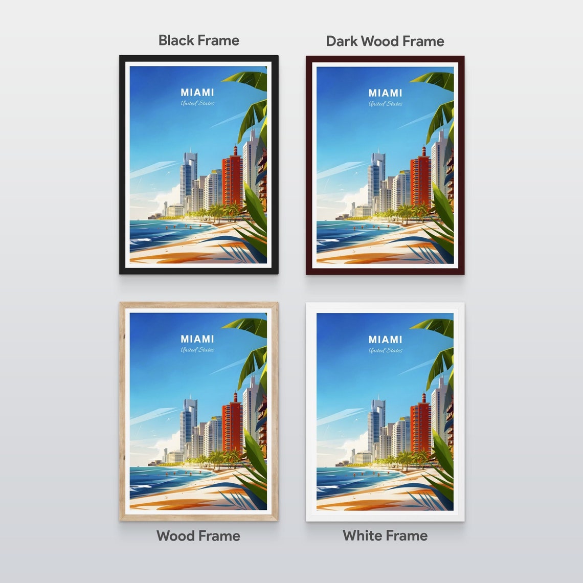 Miami Florida Beachfront Skyline Palm Trees Waves Travel Poster - Image 2