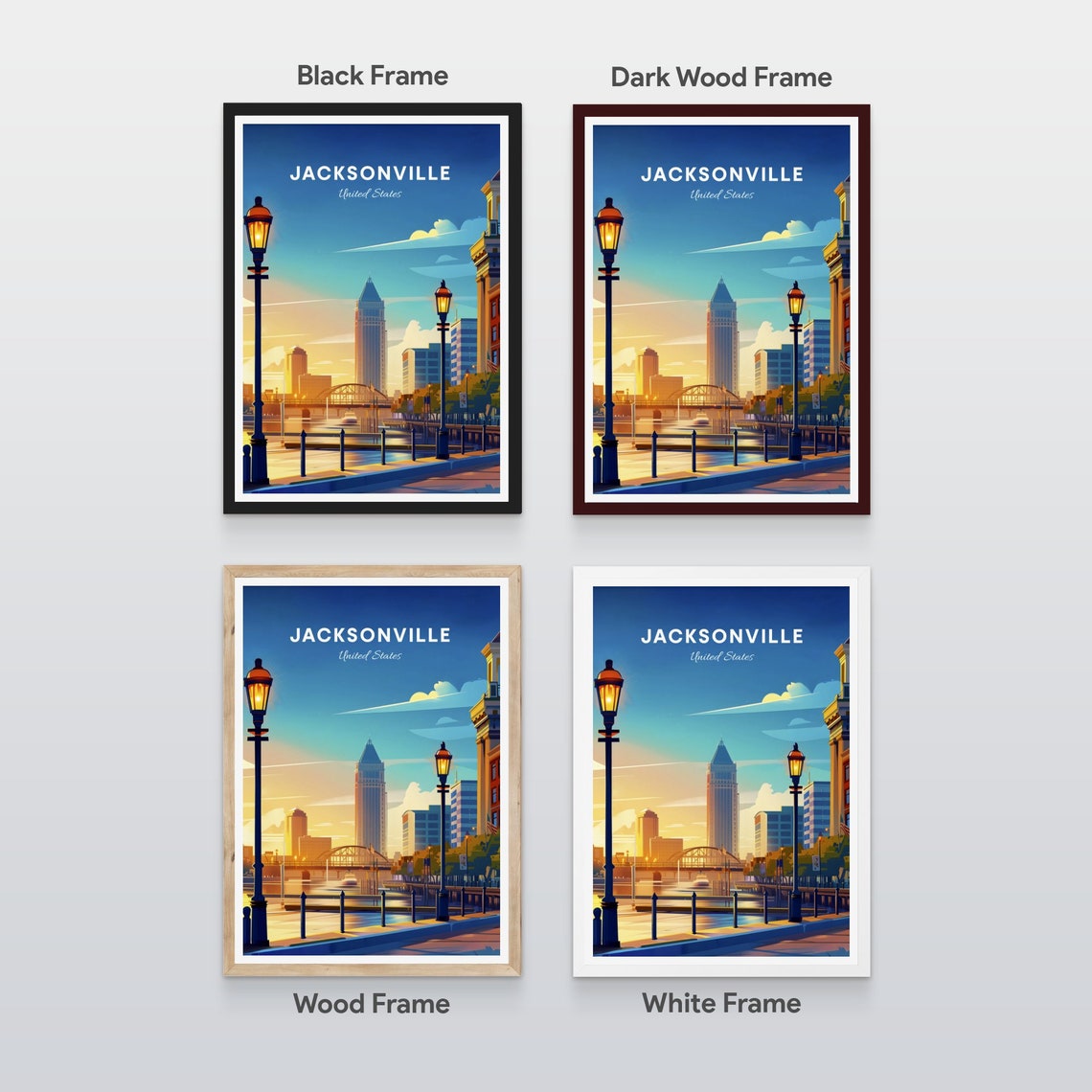Jacksonville Florida Riverfront Sunset Skyline Travel Poster - Image 2