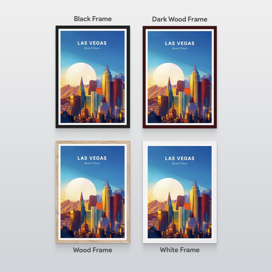 Las Vegas Skyline Sunset Desert Mountains Neon City Travel Poster - Image 2