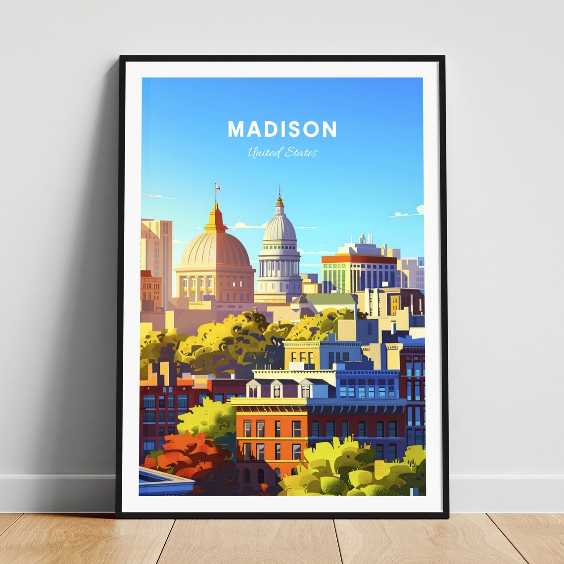 Madison Twin Domes Poster: Sunny Daytime Skyline Over Historic Blocks