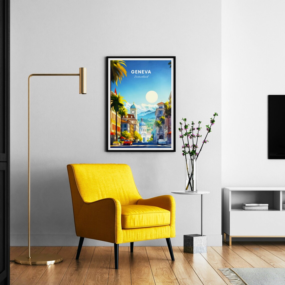 Geneva Switzerland Old Town Street Clock Tower Alpine Travel Poster - Image 3