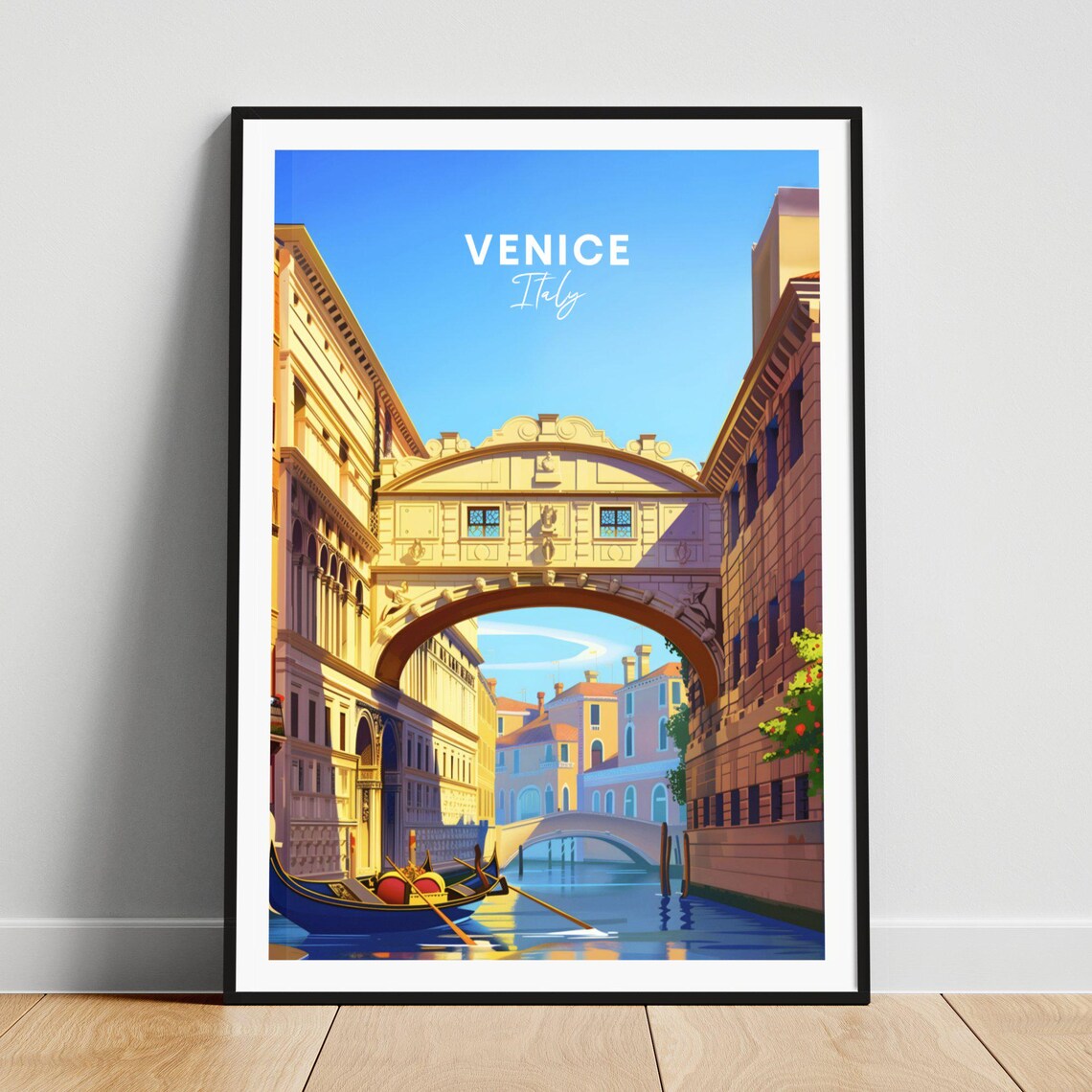 Venice Italy Bridge of Sighs Canal Gondola Vintage Travel Poster