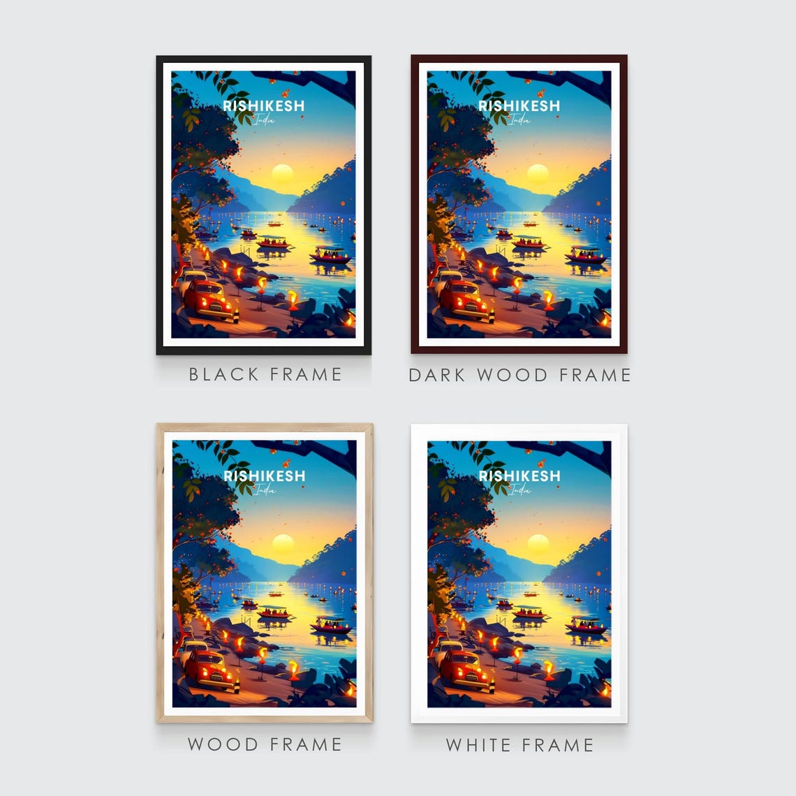 Rishikesh India Sunset River with Floating Lamps and Boats Poster - Image 3