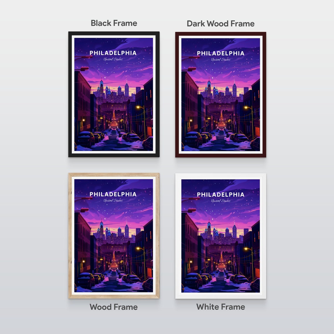 Philadelphia Pennsylvania Night Skyline Starry Sky Travel Poster - Image 2