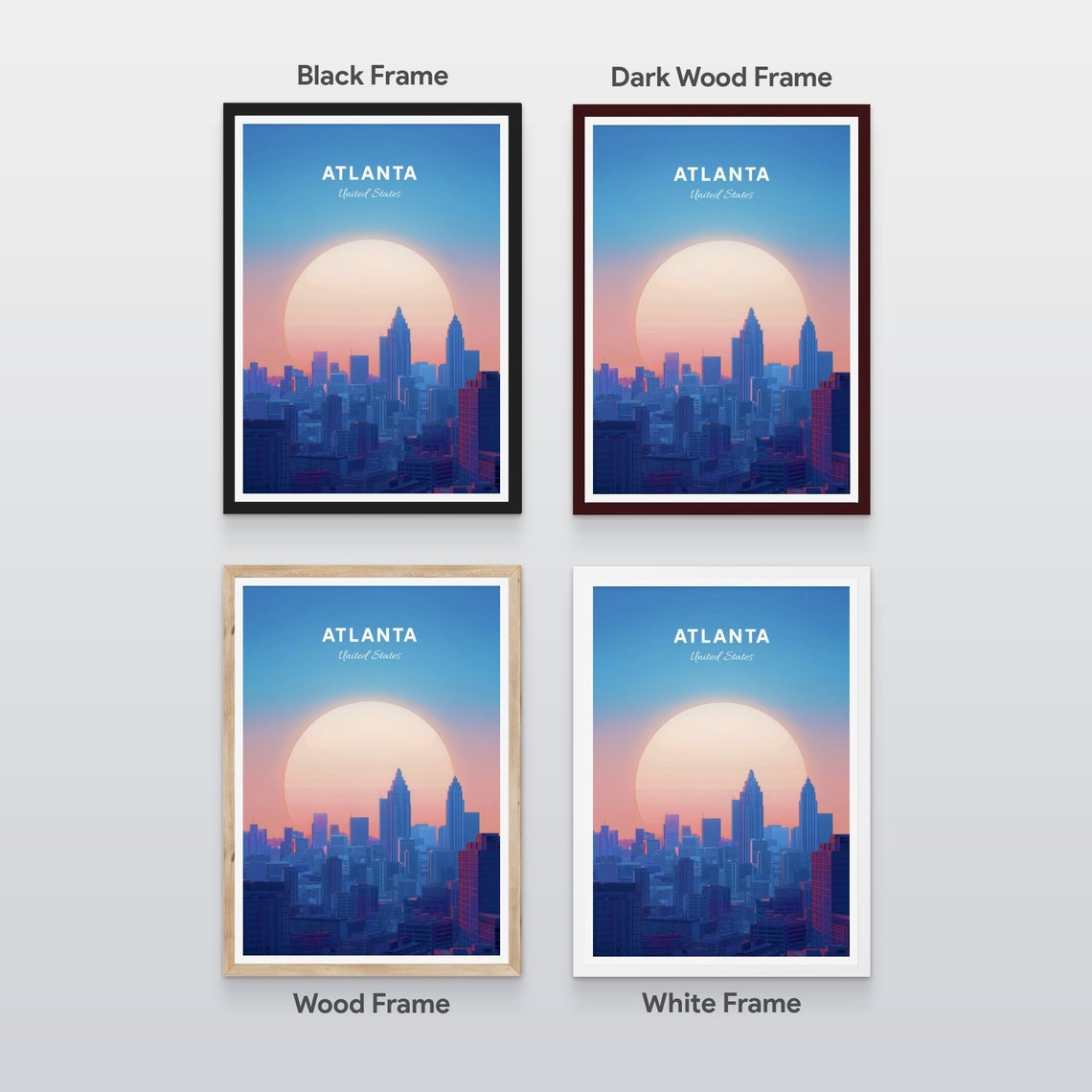 Atlanta Georgia Skyline Dusk Pink Sun Cityscape View Retro Poster - Image 2