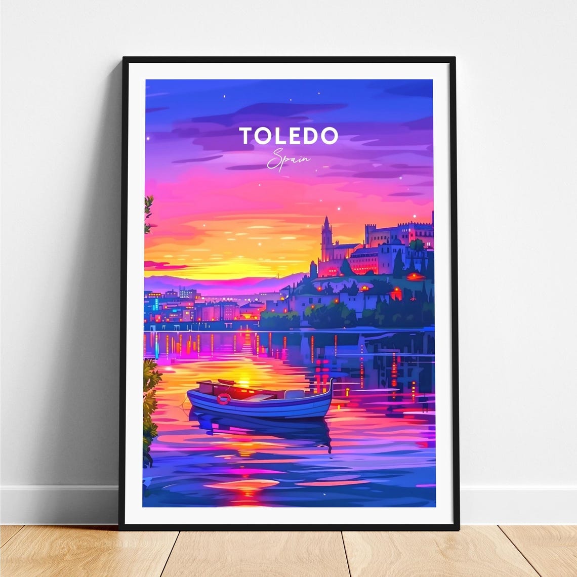 Toledo Spain Old City Sunset River Pink Sky Silhouette Boat Poster