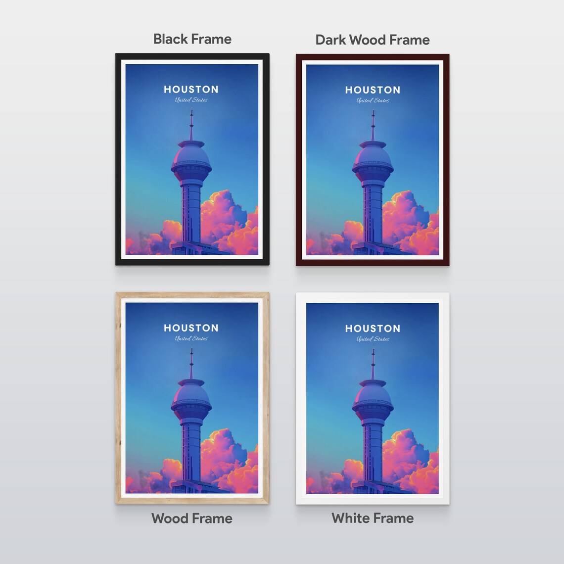 Houston Texas Observation Tower Against Pink Sunset Clouds Poster - Image 2
