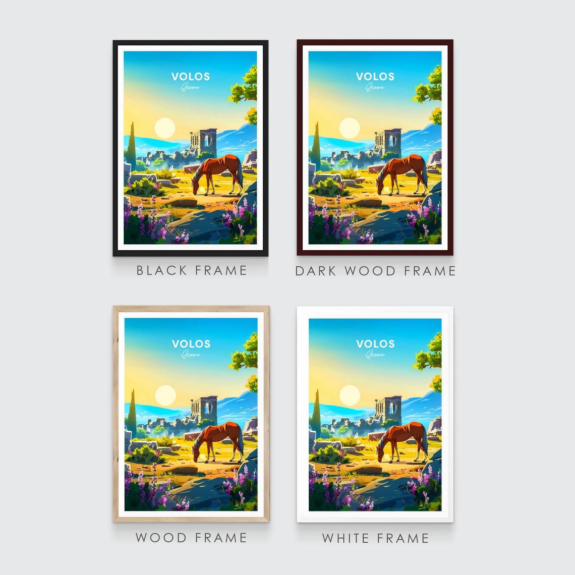 Volos Greece Ancient Ruins Horse Travel Poster at Sunset Scene - Image 3