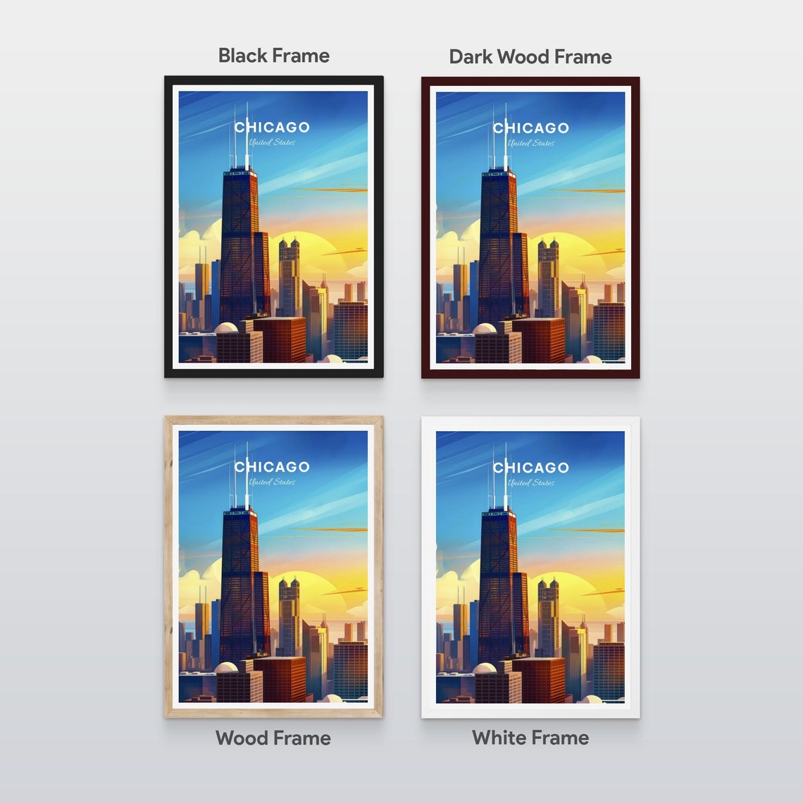 Chicago Illinois John Hancock Center Sunset Skyline Travel Art Poster - Image 2