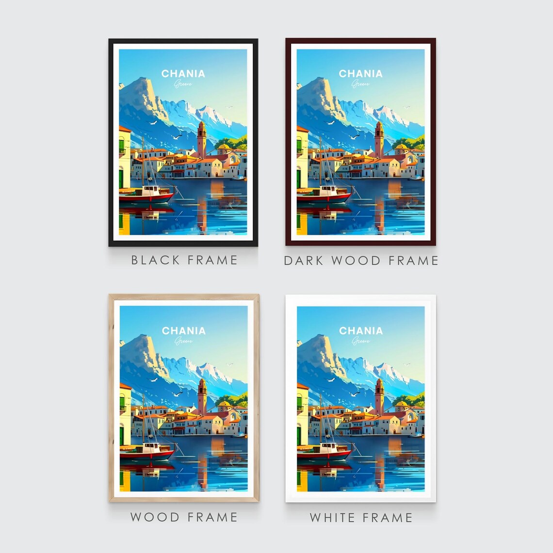 Chania Greece Venetian Harbor with Mountains and Fishing Boat Poster - Image 3