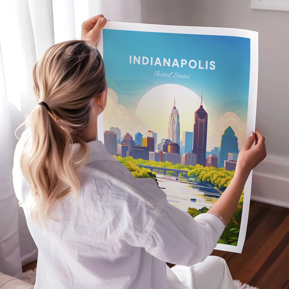 Indianapolis Sunset River Skyline Modern Illustrated Travel Poster - Image 3